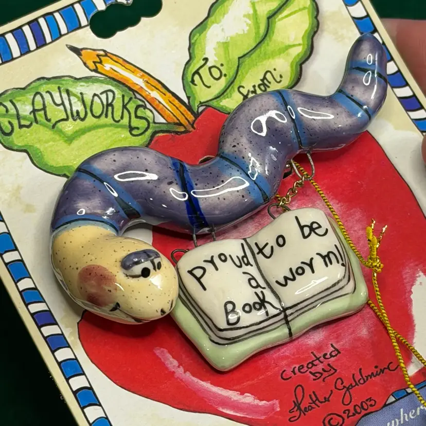 Blue Sky Clayworks “Proud To Be A Bookworm” Pottery Brooch Pin On Card