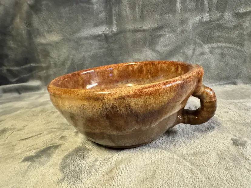Vintage Hand Thrown Art Studio Pottery Soup Mug Cereal Bowl W/ Handle Brown Drip