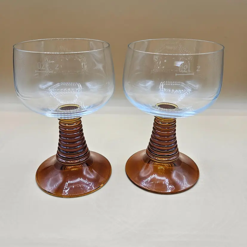2 Vtg 5.25"H Amber Beehive Ribbed Stacked Stem Brandy, Wine Glasses Barware
