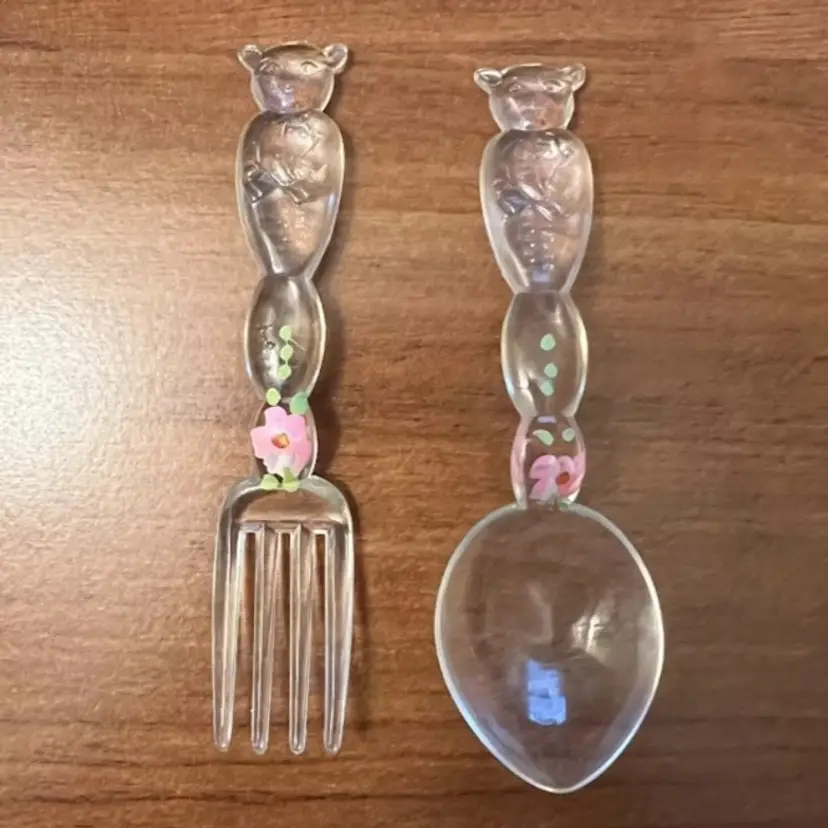 Vintage Athoware Baby Fork & Spoon Utensil Set Painted Floral Acrylic