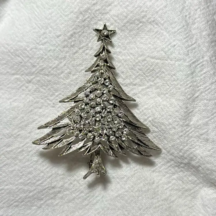 Rafaelian Vintage Silvertone & Crystals Christmas Tree Brooch - 2.5”