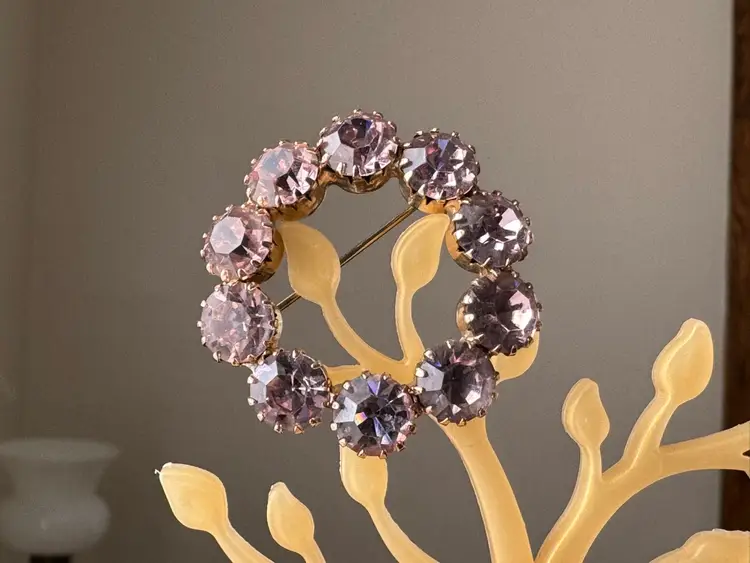 Vintage Pink Rhinestone Brooch In Gold Tone Metal