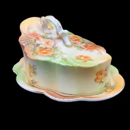 #179A Reproduction Of A Victorian R S Prussia Peach Yellow Rose With Gold Trim And Accents Covered Cheese Keeper Dish