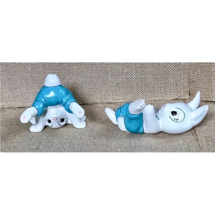Vintage Tumbling Bunny Figurine Set Handmade Kitsch Whimsical Anthropomorphic