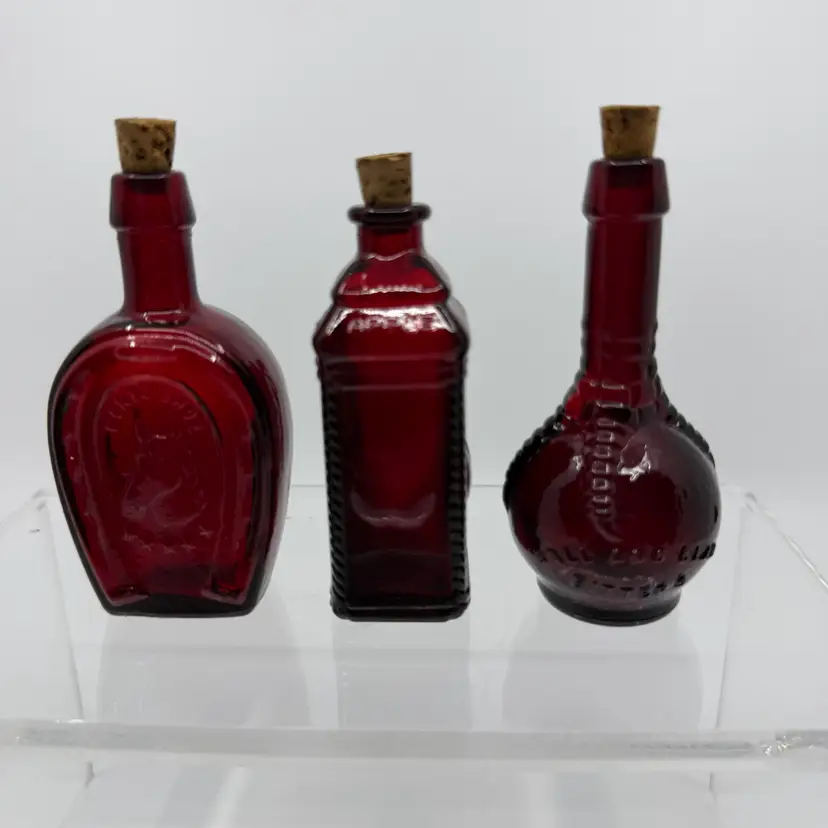 Vintage Ruby Red Wheaton Glass Bottles 3 Inches Tall W/ Corks