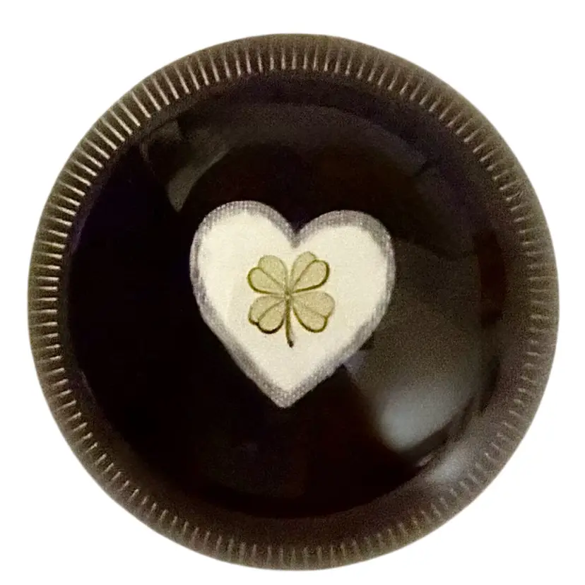 Vintage Fringe Studio Lucky Clover Heart Paperweight - Clear Glass - Black Base-Green Graphic 4 Leave Clover In Heart-Retired-READ
1.75” T x 3” W