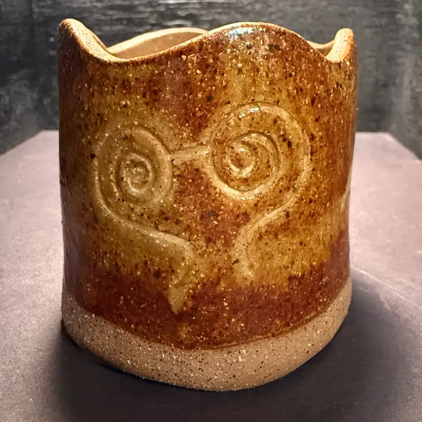 Vintage 1997 Venezuelan Studio Pottery Vase - Signed EB - Carved Bird & Canoe