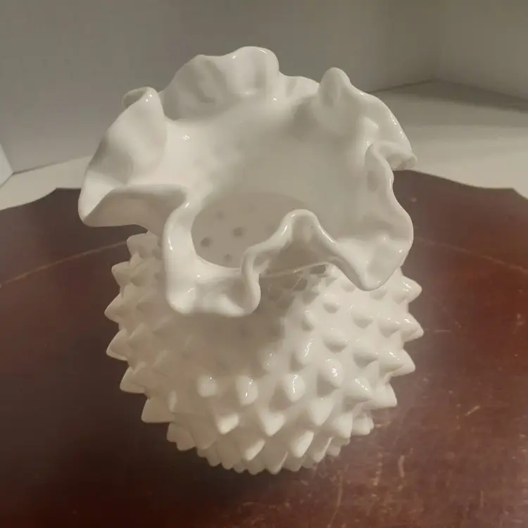 Milk glass hobnail ruffle top vase
