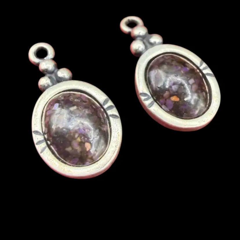 Vintage Carolyn Pollack pair of sterling silver pendants (or earrings) featuring oval charoite gemstones