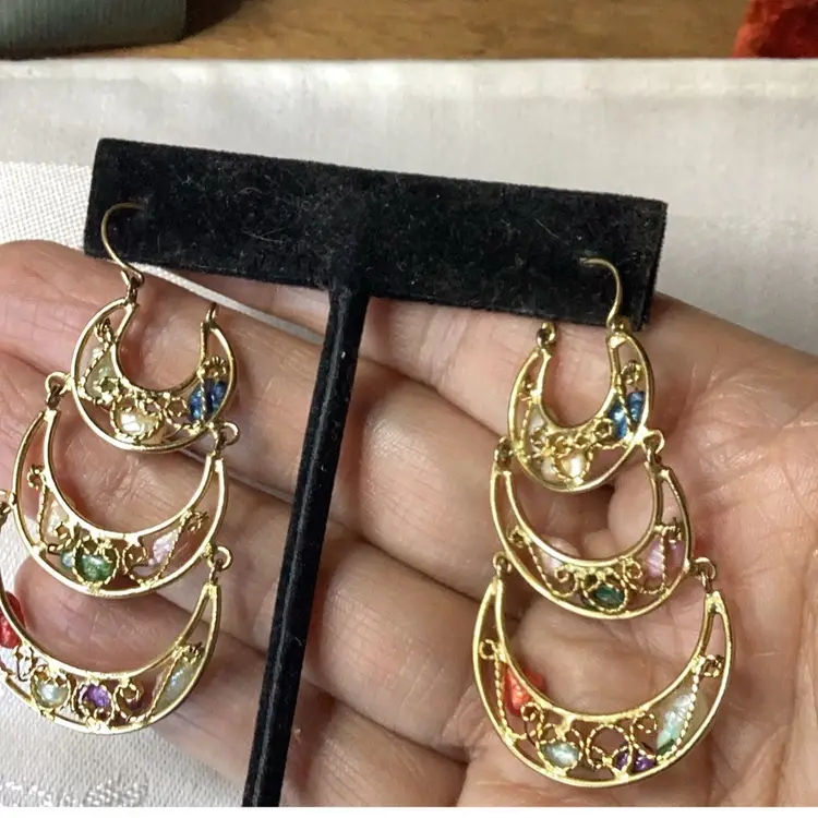 Vintage 90s Handmade Mexican Gold Plated Earrings With Dyed Multicolor Fresh Water Pearls 2”