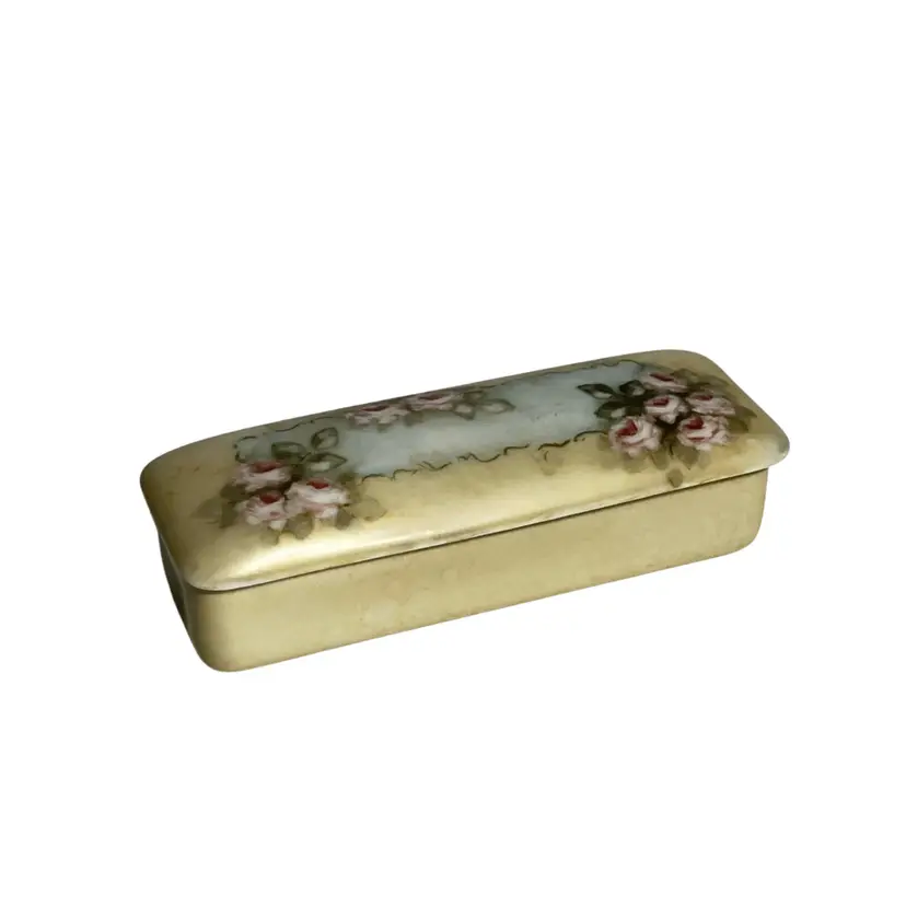 Antique Trinket Pin Box Porcelain Pale Yellow Rectangular Hand Painted Pink Flowers Greenery “Favorite” Bavaria