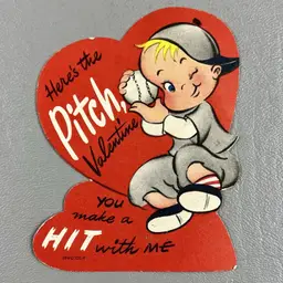 Vintage Die Cut Valentine Boy Pitcher Cap Ball Here's The Pitch Hit With Me 4" Baseball