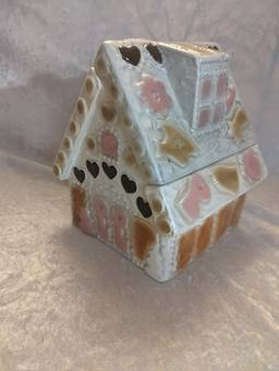 Gingerbread House Cookie Jar Bahlsen Ceramic Christmas Black Hearts Round Trees Cookies Gift White 1960s Holiday Gothic Cottage