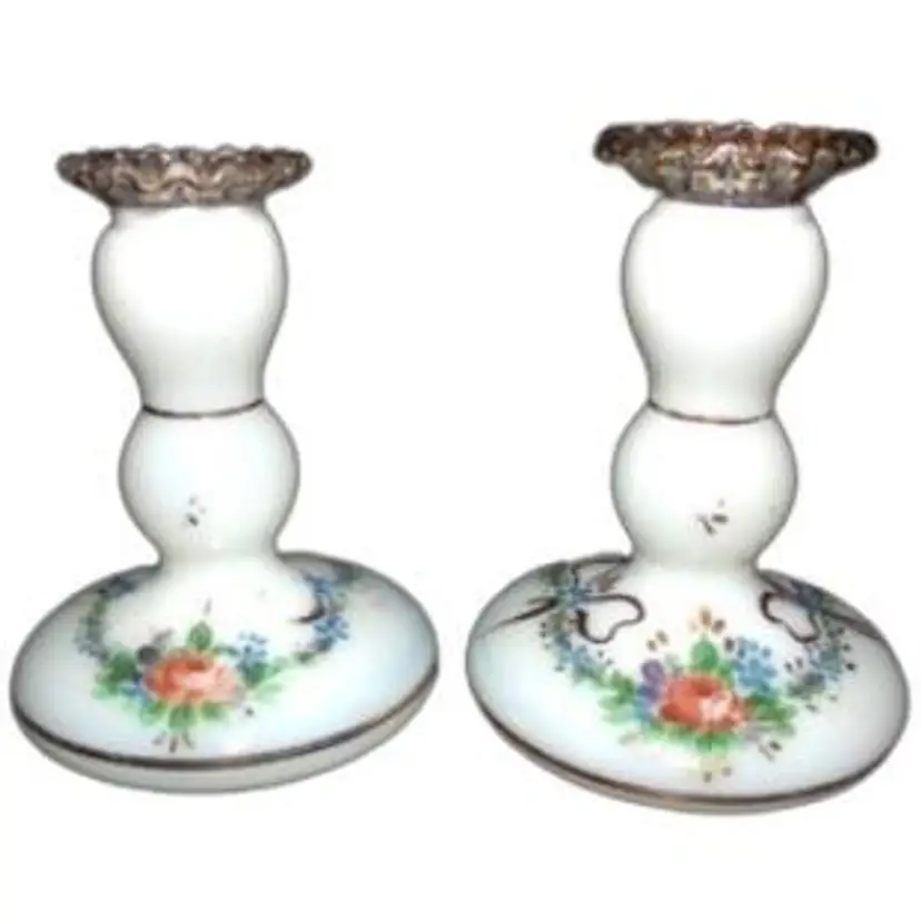 Fenton Glass, Beth Weissman Decorated Roses & Bows Silver Crest Candle Holders