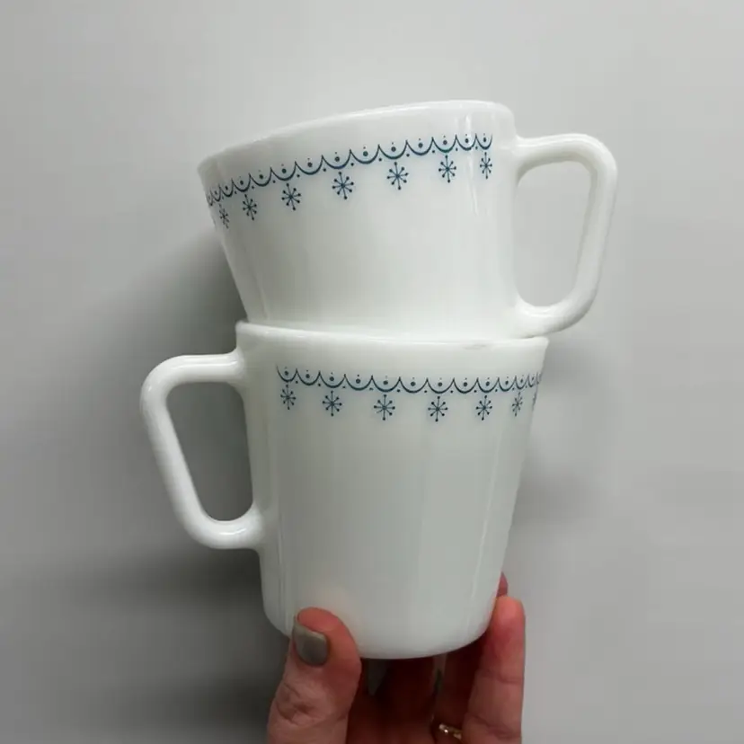 Pair Of Pyrex Blue Snowflake D Handle Mugs 