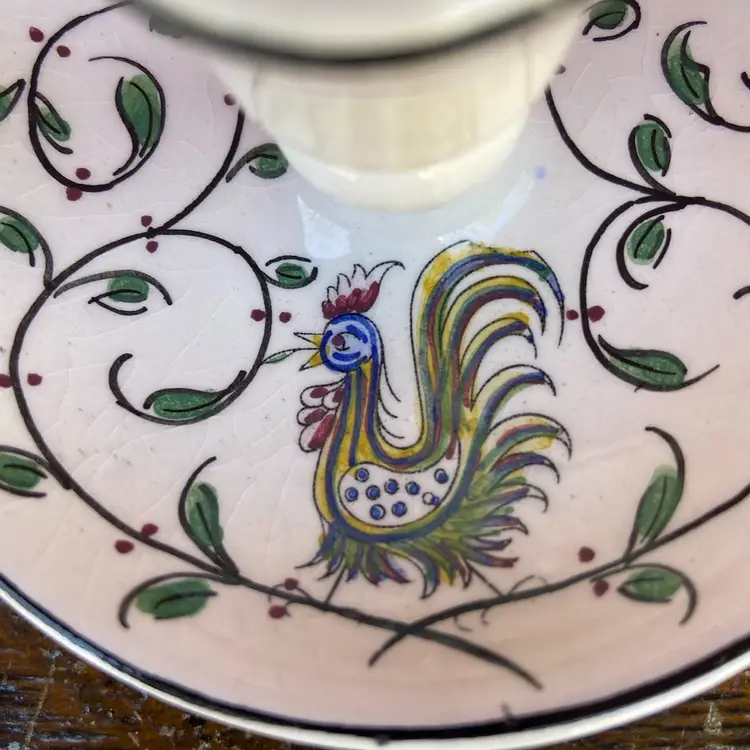 Outeiro Agueda Candle Holder With Handle. Hand Painted With Rooster. Made In Portugal.