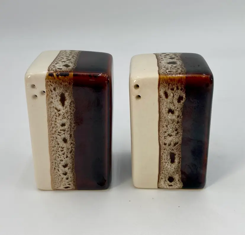 Pier 1 Retro Pattern Salt And Pepper Shakers Set, Block Rectangles, w/Stickers
