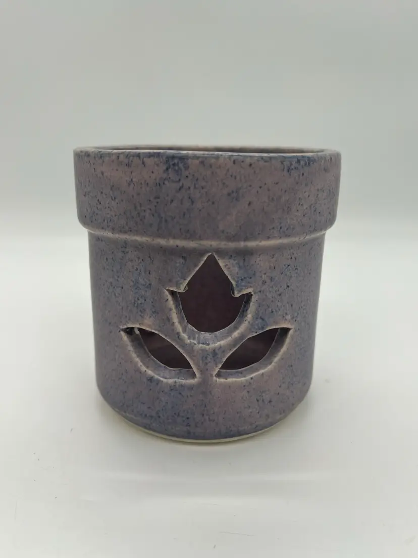 Vintage 2000 Three Rivers Pottery Purple Blue Speckle Glaze Tulip Cut Out Votive Candle Holder Planter 