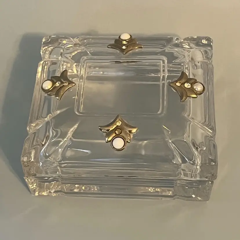 Square Glass Lidded Trinket Box With Faux Pearls,Faux Diamonds And Silver Accents
