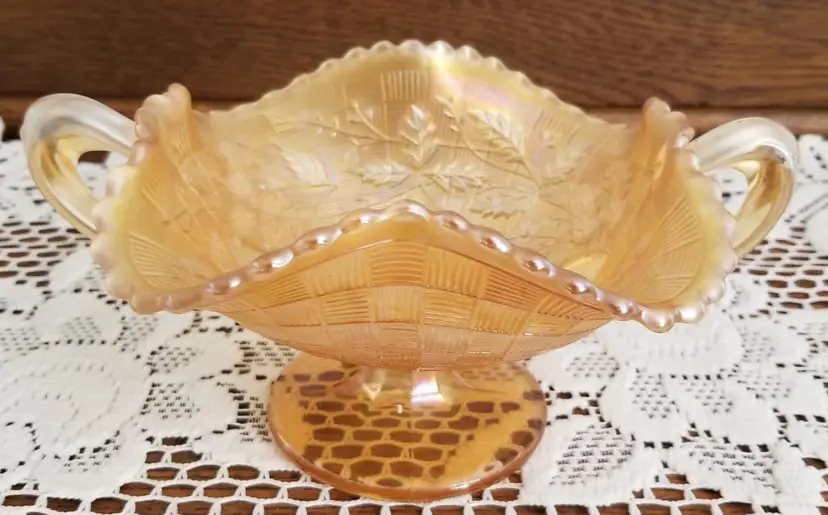 Vintage Northwood Carnival Clambroth Glass Fruits & Flowers Candy Bowl