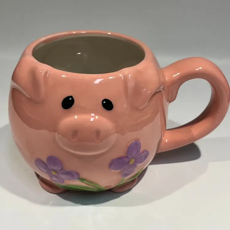 Pier 1 Imports -Pink Pig -Dolomite Coffee Mug Embossed Purple Flowers -3D - Ceramic Mug- And His Feet! 💕 3.25” Tall, 5” Wide