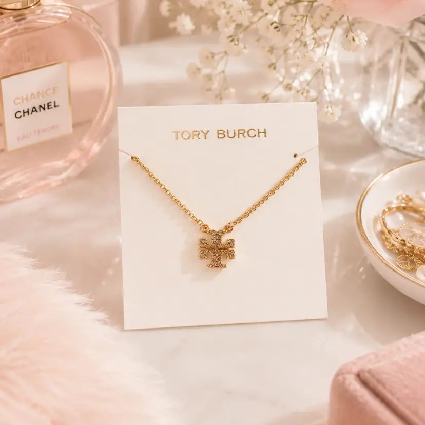 Tory Burch Gold Logo cz Necklace 18 Inch Gift