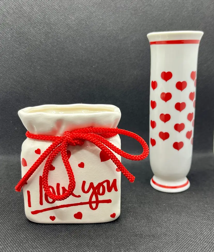 Vintage Lefton Ceramic Valentine's Day Hearts Bud Vase 1365 I Love You Sack Vase 4828