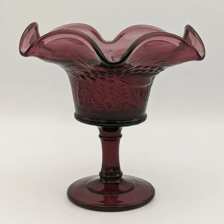 L G Wright Amethyst Strawberry and Currant Ruffled Crimped Pedestal Compote