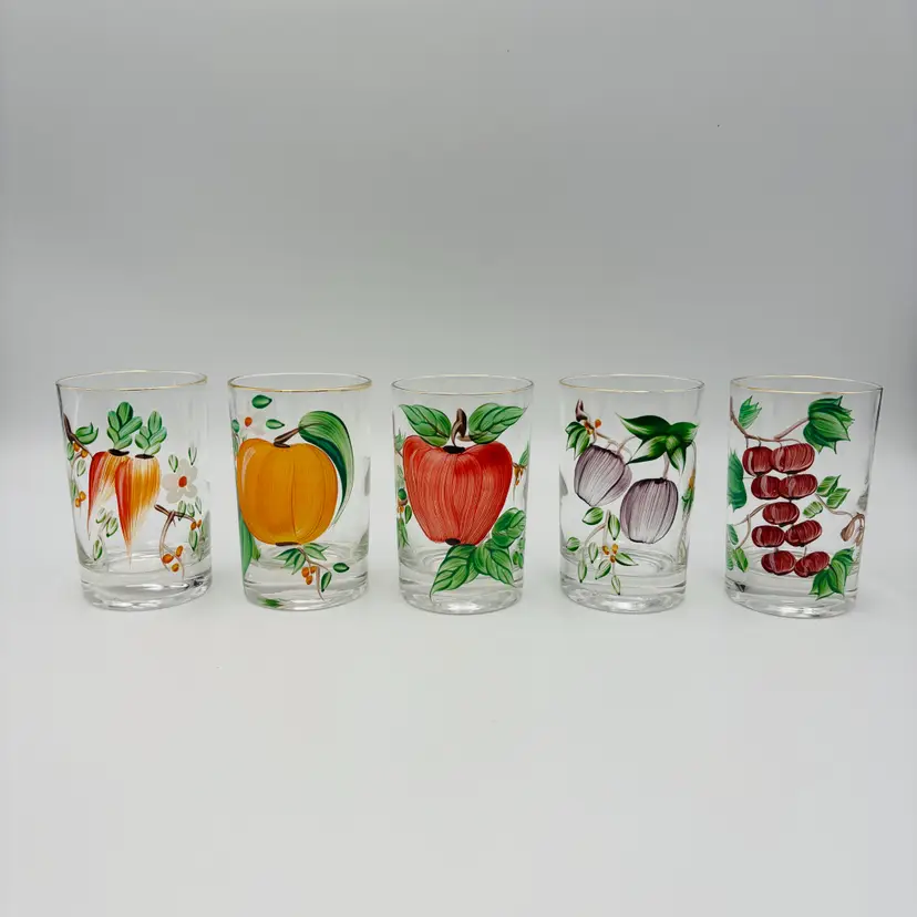 Vintage 5pc Bartlett Collins Gay Fad Handpainted with Fruits Juice Glass 5 fl oz