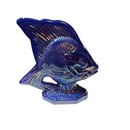 Fenton Periwinkle Blue Carnival Glass Iridescent Koi Fish Mini Paperweight - 3”