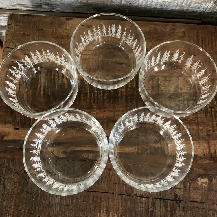 5 Libbey Frosty Pines 4" All Purpose Bowls Textured Glass Holiday Trees Signed