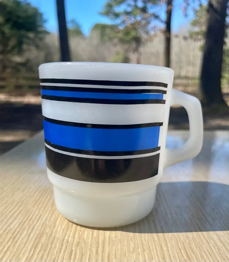 Fire King Vintage Blue & Black Striped Milk Glass Mug