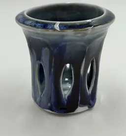 Phil Mayhew Pierced Art Pottery Signed Candle Votive Tea Light Candle Vintage Blue Drip