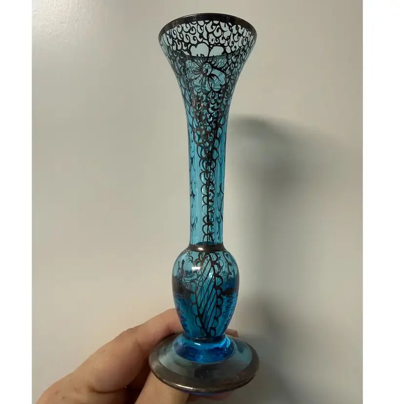 Italian Venetian Blue Glass Vase w/ Intricate Sterling Silver Floral Overlay 7.5”