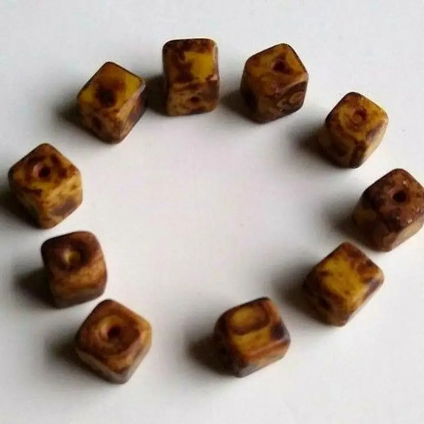 Lot Of 10 Czech 1950s Vintage Picasso Glass Cube Bead Light Brown UNUSED NOS