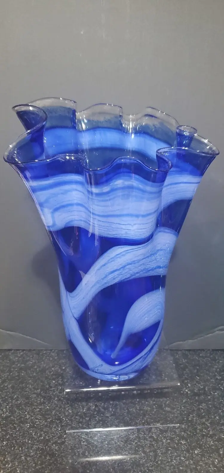 Vintage Cobalt Blue White Swirl Handkerchief Handblown Art Glass Vase 13" Tall