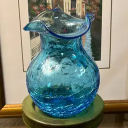 Vintage Hand Blown Blue Crackle Glass Ruffled Edge Ball Vase Smooth Pontil 5”