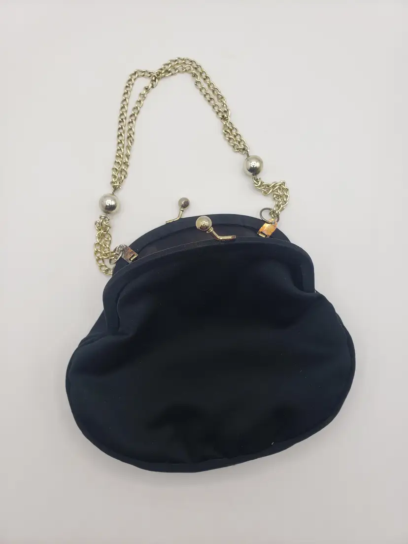 Vintage Evening Pouch Bag Purse Black Formal Evening Party Gold Chain Hong Kong. Versatile cocktail purse with gold toned clasp and Chain.