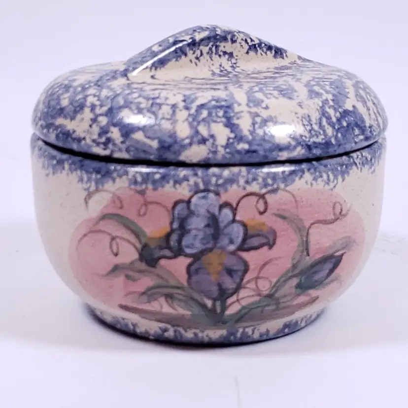 Vintage Hand Painted Floral Spongeware Country Farm Pottery LIDDED DISH