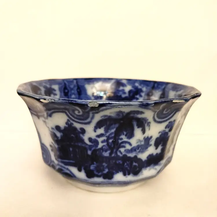 Antique Flow Blue Bowl. "Kyber" pattern. Chips in 1 side and bottom. Shown in pics. 1880-1900's. 6.25 diameter.