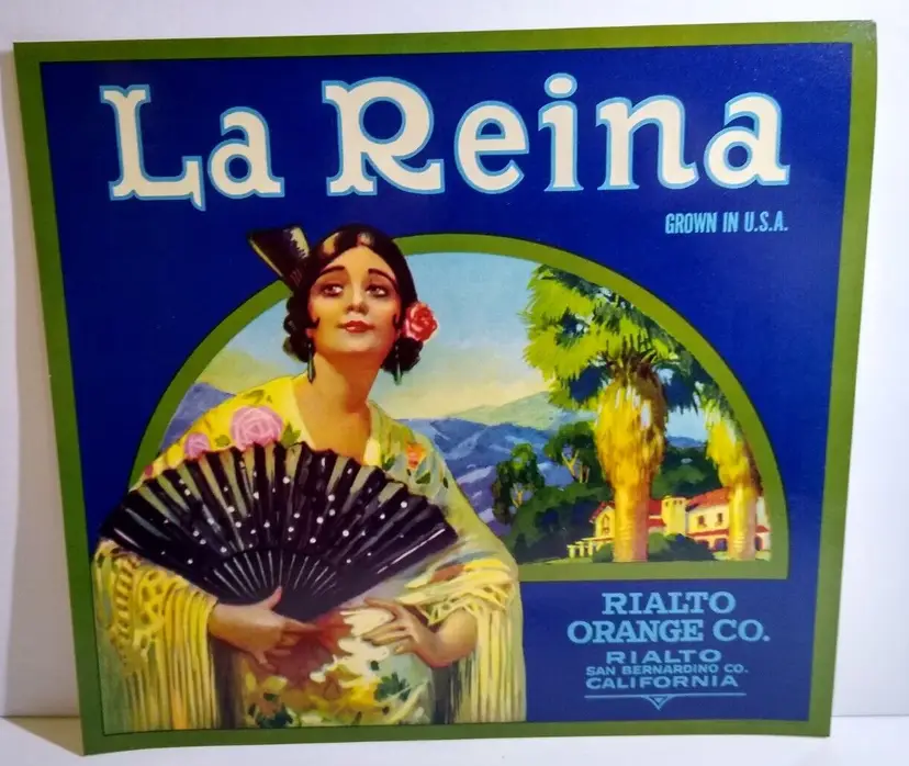 La Reina Oranges Fruit Crate Label Original Vintage 1940's Fan Lady In Kimono