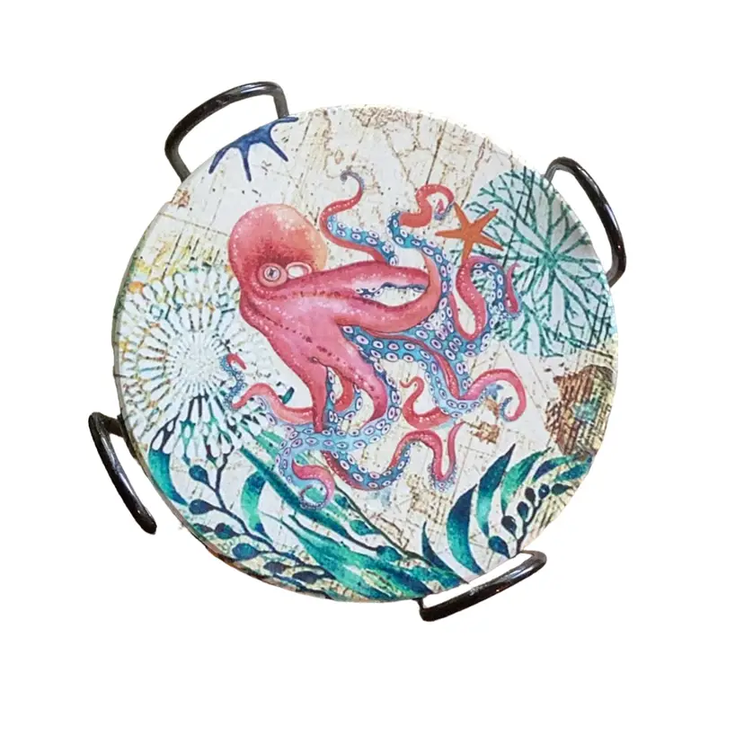 Under The Sea Coaster Set With Holder - Octopus Seahorse Starfish Jelly Fish Tortoise Crab