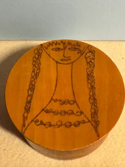 Vintage wooden box with pyrography decoration of a woman/girl