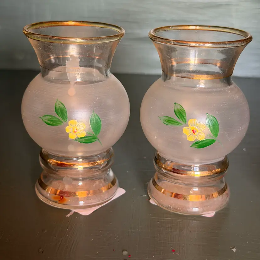 MCM Bartlett Collins Frosted Glass Bud Vase Pair Yellow Flower Gold Rim