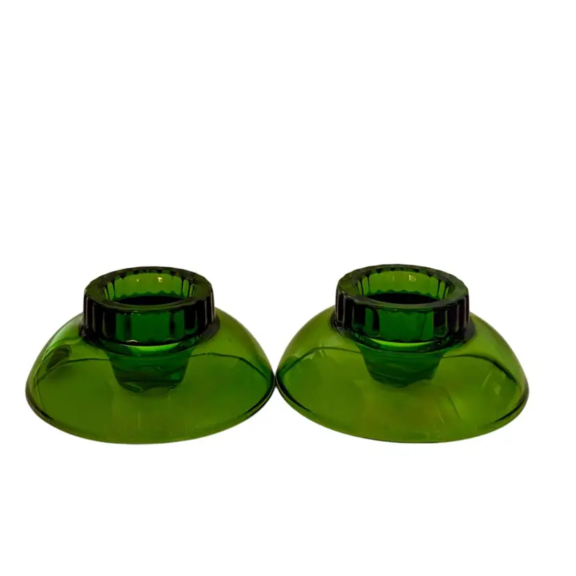 Cambridge Tapered Candle Holders Green Glass
3-1/4” Diameter Round Party Holiday Set of 2 With Label