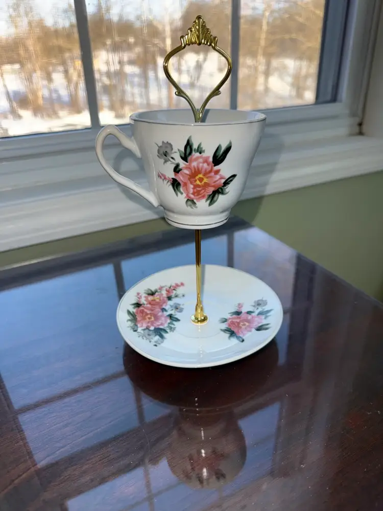 Vintage Handmade 2 Tiered Floral Tiered Tray, teacup/ saucer; trinket dish