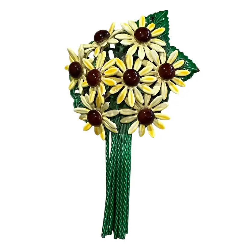 Vintage Black Eyed Susans Enameled Flower Bouquet Brooch