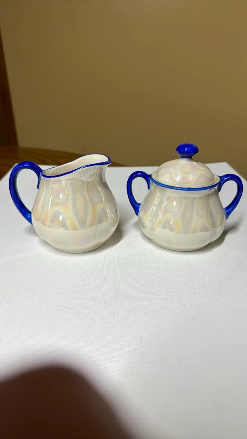 CZECH LUSTERWARE Vintage Creamer Sugar, White Ceramic, Blue Trim, Czechoslovakia