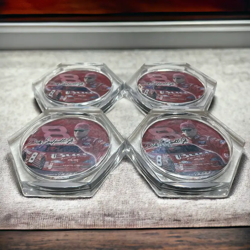 Dale Earnhardt Jr Coasters Set Of 4 Plastic Rubber Bottoms 3” Vintage Fun Gift