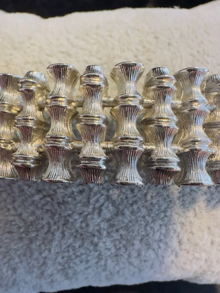 #71 Silver Tone Cuff Bracelet, Metallic, Bar Bells Or Bamboo Look Chain